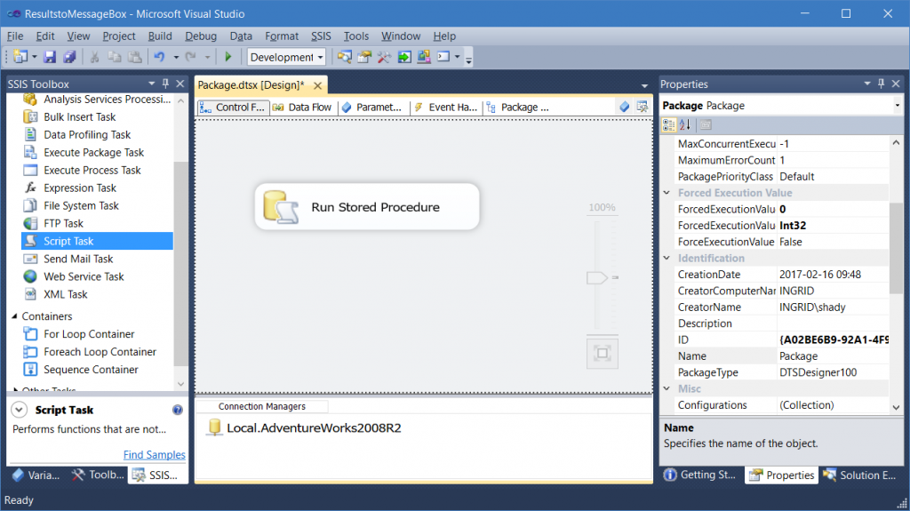 Stored Procedure Results in an SSIS Message Box | Rudy Rodarte . com