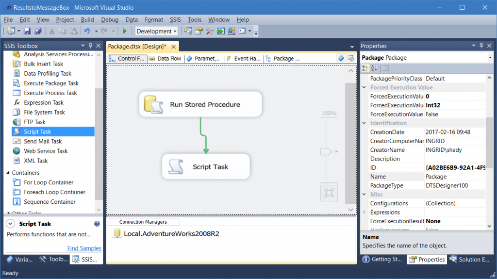 Stored Procedure Results in an SSIS Message Box - Rudy Rodarte . com