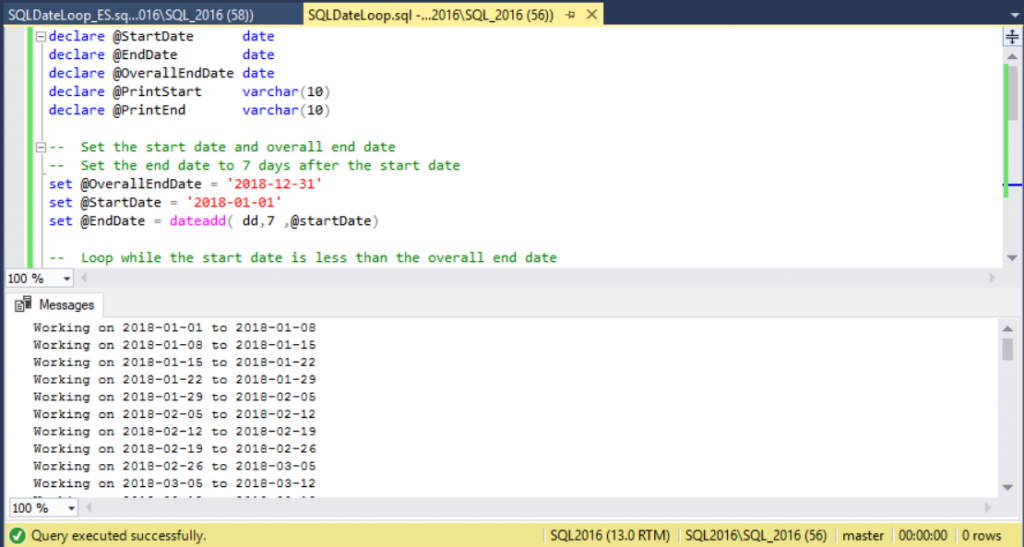 Loop over two dates in SQL Server